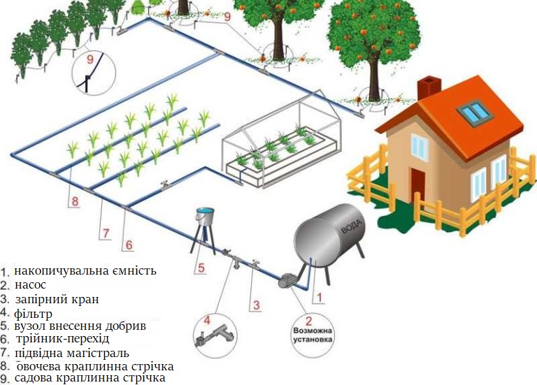 Схема крапельного поливу з насосом для підвищення тиску